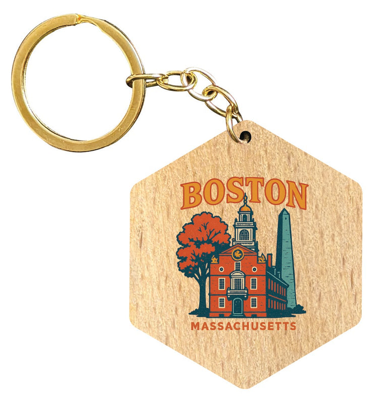 Boston Massachusetts Vintage Design Souvenir Flat Wooden Keychain (Multiple Shapes)