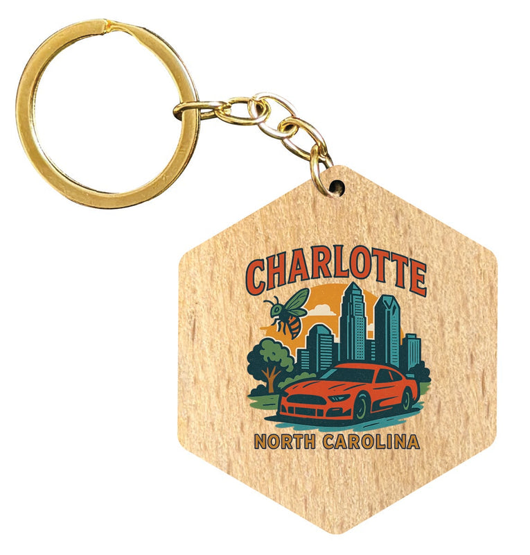 Charlotte North Carolina Vintage Design Souvenir Flat Wooden Keychain (Multiple Shapes)