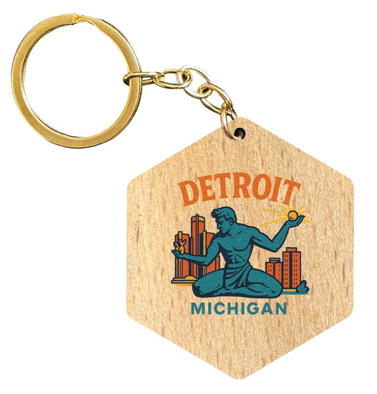 Detroit Michigan Vintage Design Souvenir Flat Wooden Keychain (Multiple Shapes)