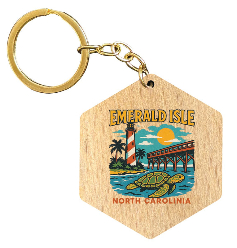 Emerald Isle North Carolina Vintage Design Souvenir Flat Wooden Keychain (Multiple Shapes)