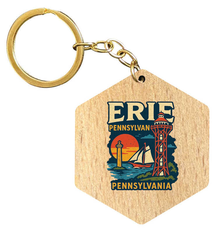 Erie Pennsylvania Vintage Design Souvenir Flat Wooden Keychain (Multiple Shapes)