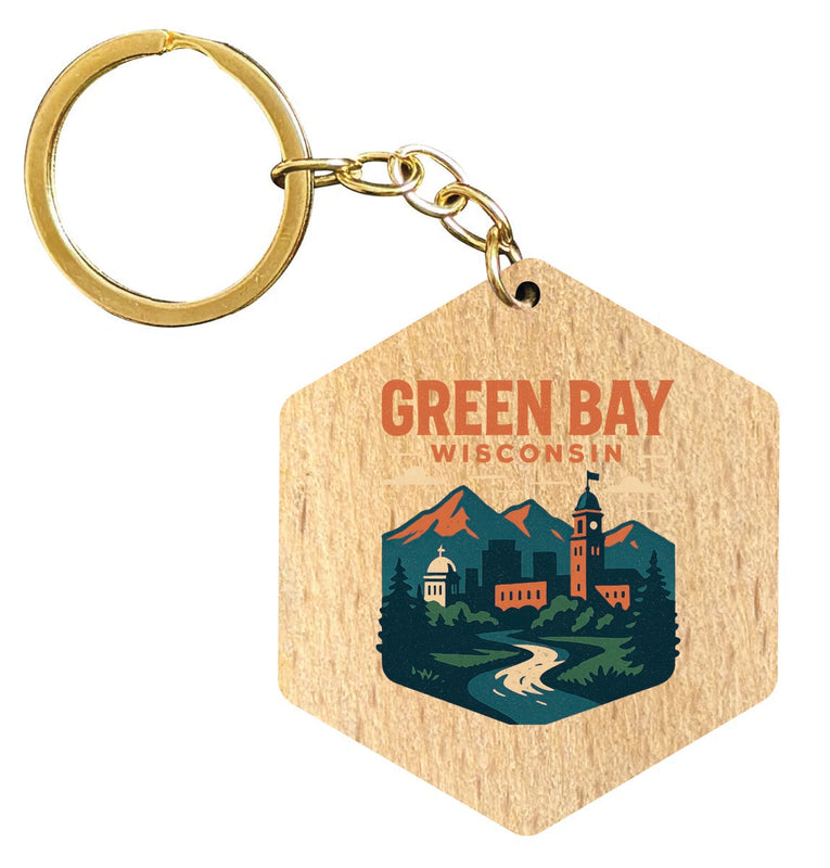 Green Bay Wisconsin Vintage Design Souvenir Flat Wooden Keychain (Multiple Shapes)