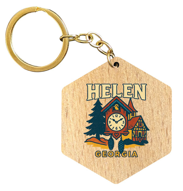 Helen Georgia Vintage Design Souvenir Flat Wooden Keychain (Multiple Shapes)