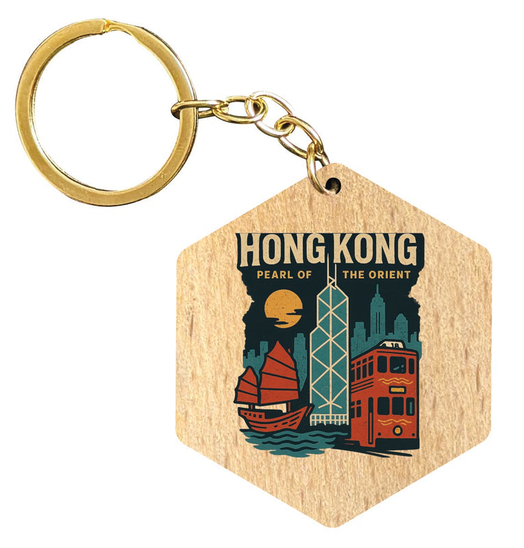 Hong Kong Vintage Design Souvenir Flat Wooden Keychain (Multiple Shapes)