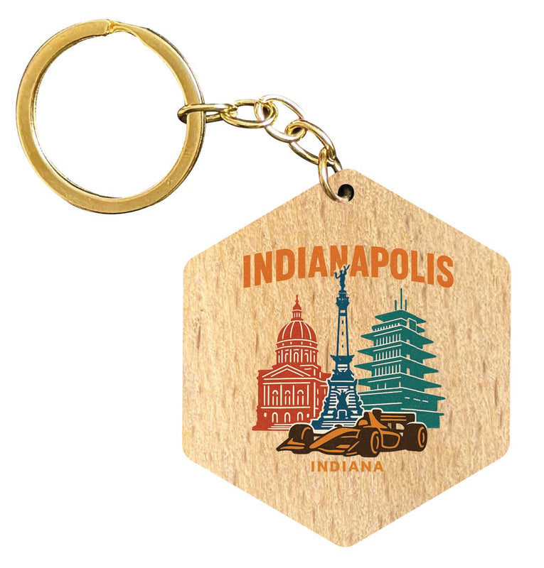 Indianapolis Indiana Vintage Design Souvenir Flat Wooden Keychain (Multiple Shapes)