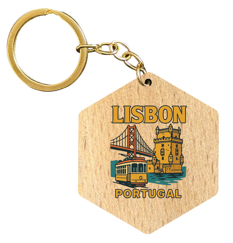 Lisbon Portugal Vintage Design Souvenir Flat Wooden Keychain (Multiple Shapes)