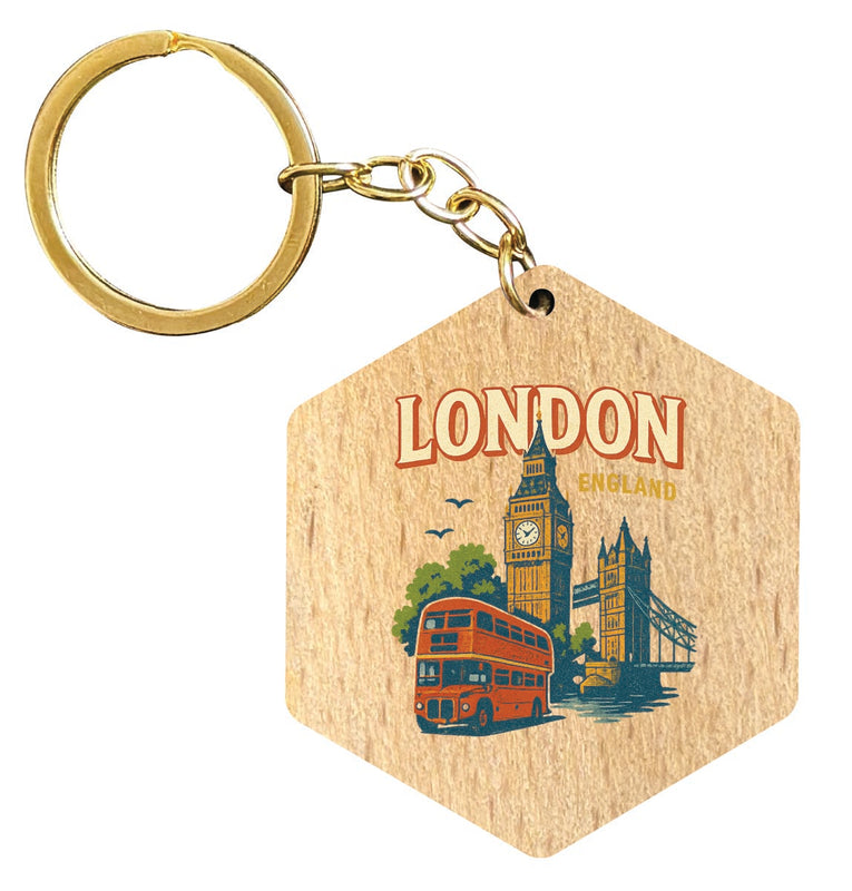 London England Vintage Design Souvenir Flat Wooden Keychain (Multiple Shapes)