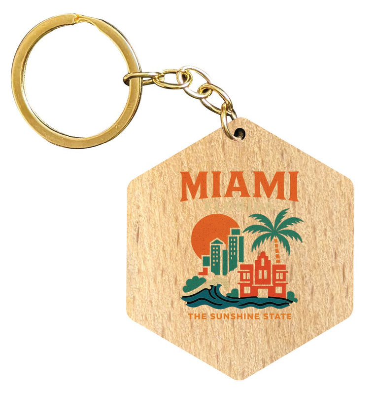 Miami Florida Vintage Design Souvenir Flat Wooden Keychain (Multiple Shapes)