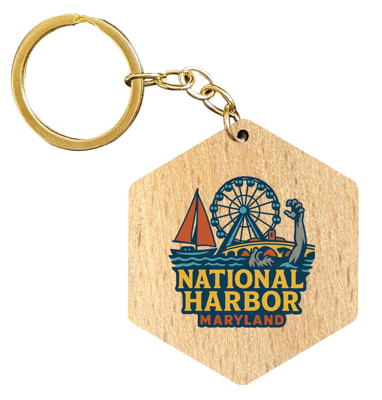 National Harbor Maryland Vintage Design Souvenir Flat Wooden Keychain (Multiple Shapes)