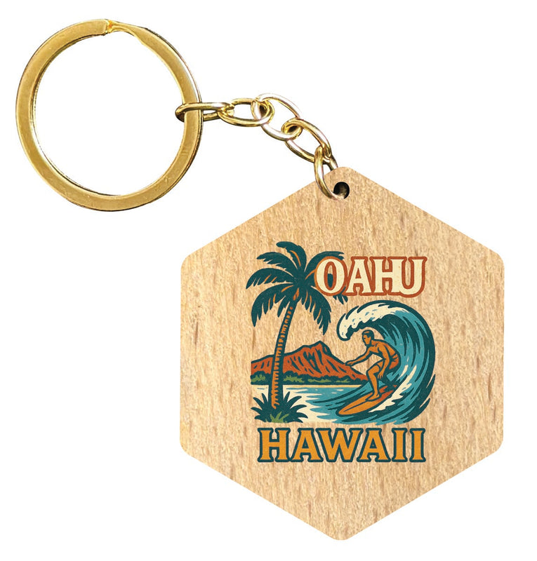 Oahu Hawaii Vintage Design Souvenir Flat Wooden Keychain (Multiple Shapes)
