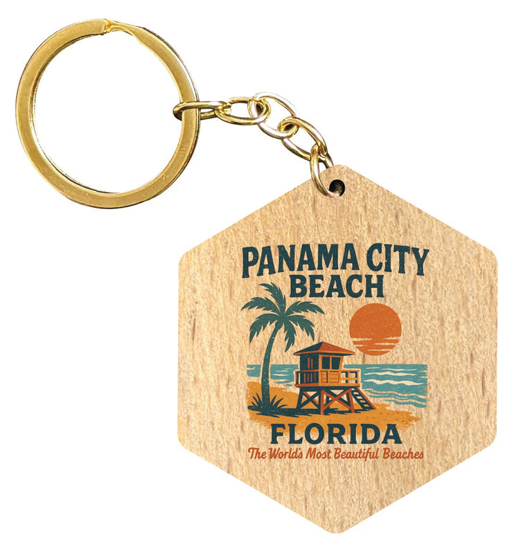 Panama City Beach Florida Vintage Design Souvenir Flat Wooden Keychain (Multiple Shapes)