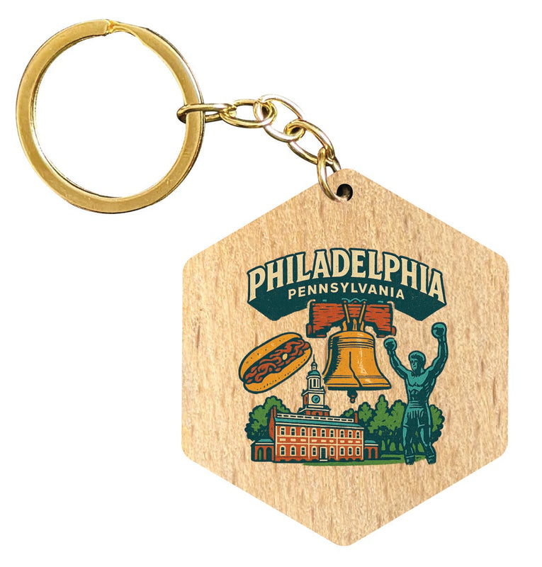 Philadelphia Pennsylvania Vintage Design Souvenir Flat Wooden Keychain (Multiple Shapes)