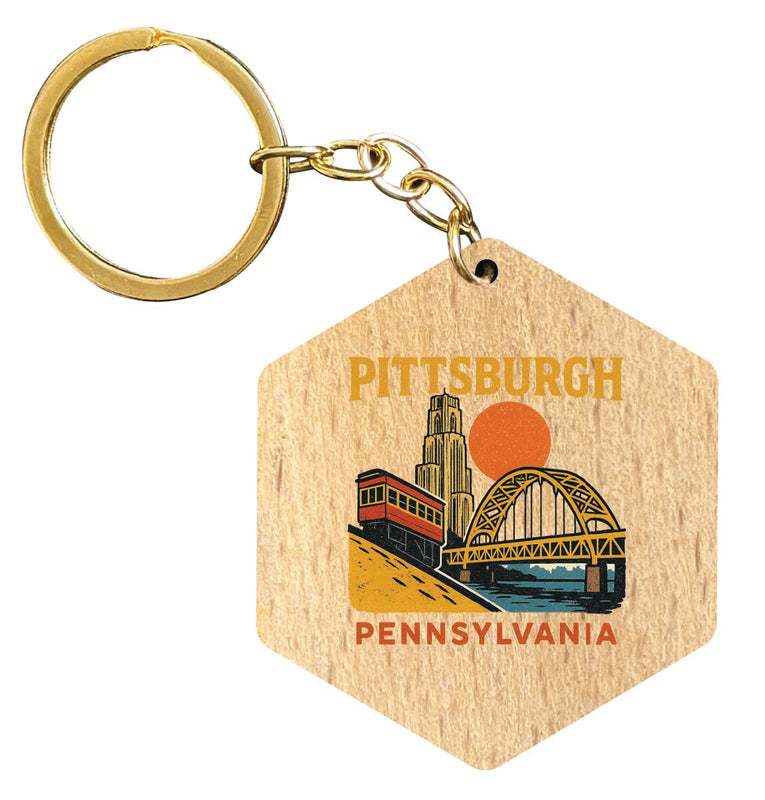 Pittsburgh Pennsylvania Vintage Design Souvenir Flat Wooden Keychain (Multiple Shapes)