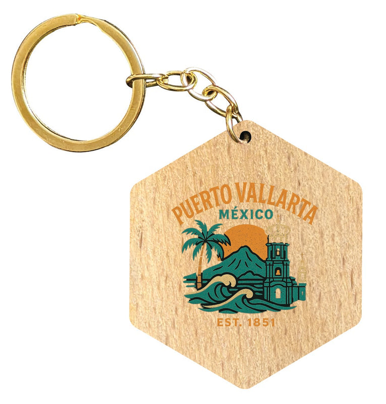 Puerto Vallarta Mexico Vintage Design Souvenir Flat Wooden Keychain (Multiple Shapes)