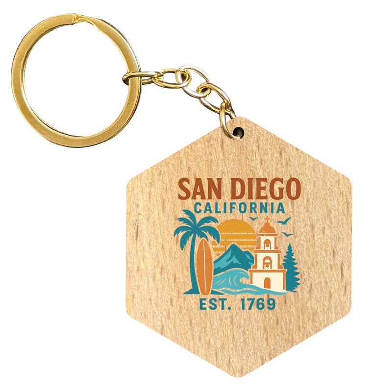San Diego California Vintage Design Souvenir Flat Wooden Keychain (Multiple Shapes)