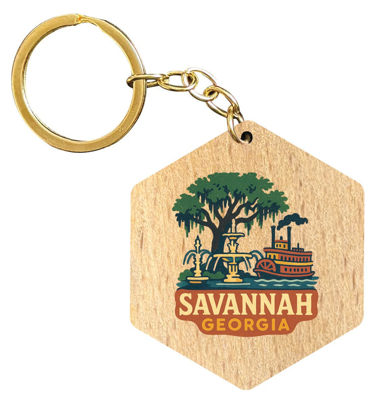 Savannah Georgia Vintage Design Souvenir Flat Wooden Keychain (Multiple Shapes)