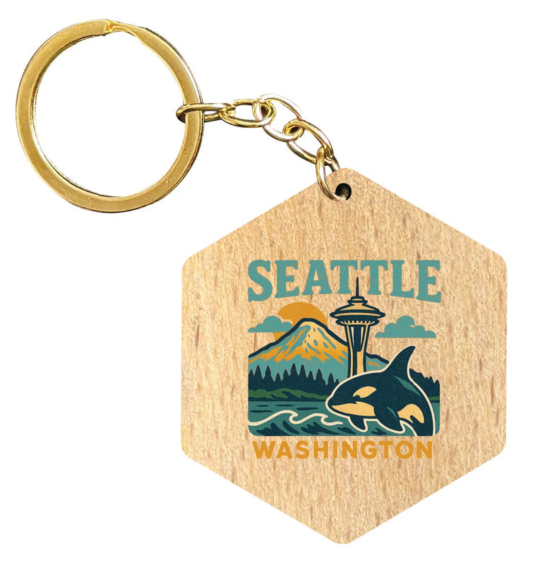 Seattle Washington Vintage Design Souvenir Flat Wooden Keychain (Multiple Shapes)