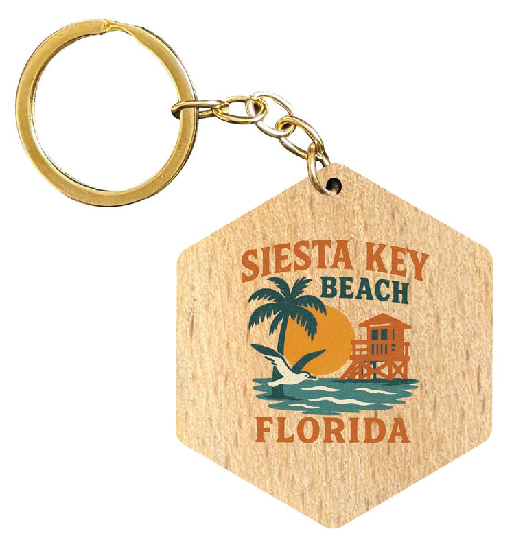 Siesta Key Beach Florida Vintage Design Souvenir Flat Wooden Keychain (Multiple Shapes)
