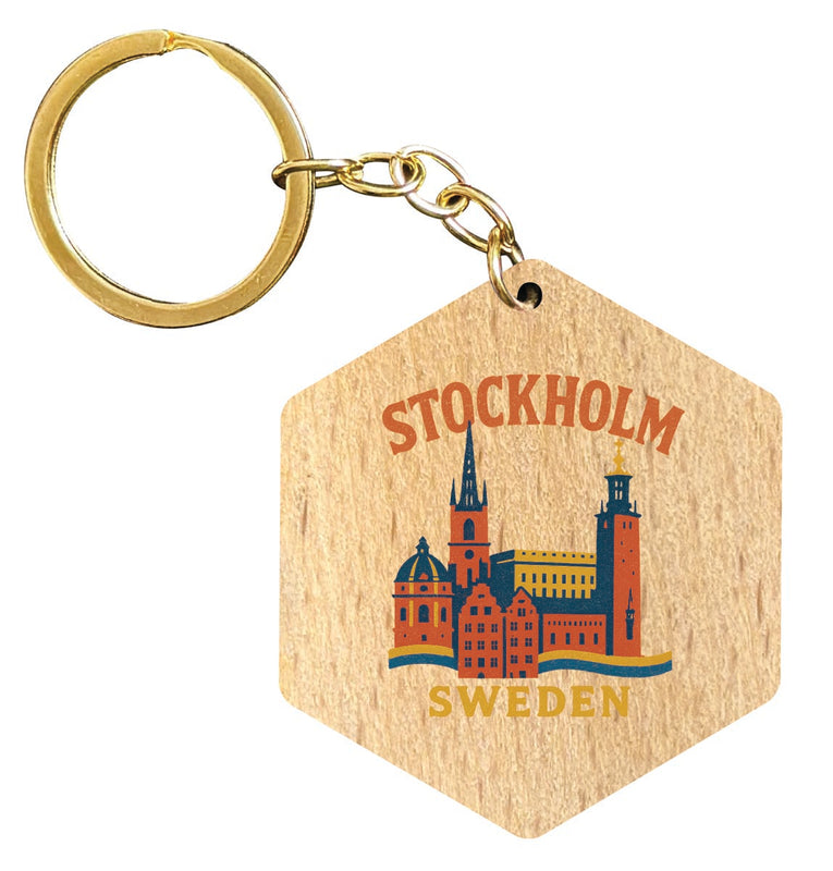 Stockholm Sweden Vintage Design Souvenir Flat Wooden Keychain (Multiple Shapes)