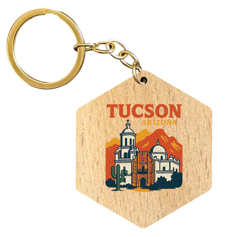 Tucson Arizona Vintage Design Souvenir Flat Wooden Keychain (Multiple Shapes)
