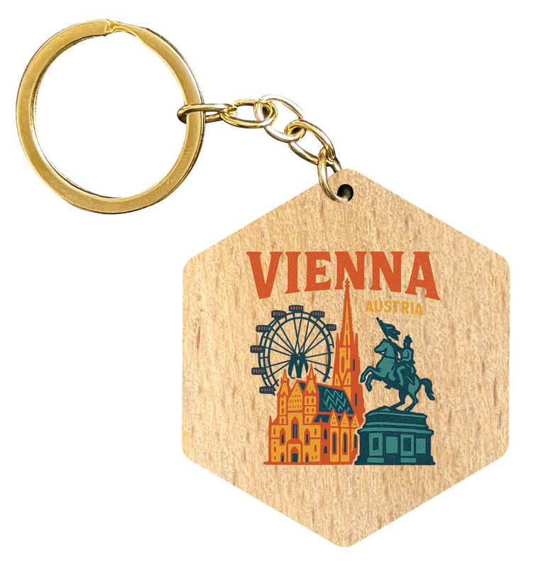 Vienna Austria Vintage Design Souvenir Flat Wooden Keychain (Multiple Shapes)