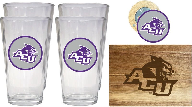 Abilene Christian University Officially Licensed Kitchen Gift Pack - Engraved Wood Cutting Board, 4 Pint Glasses & Magnetic Bottle Opener