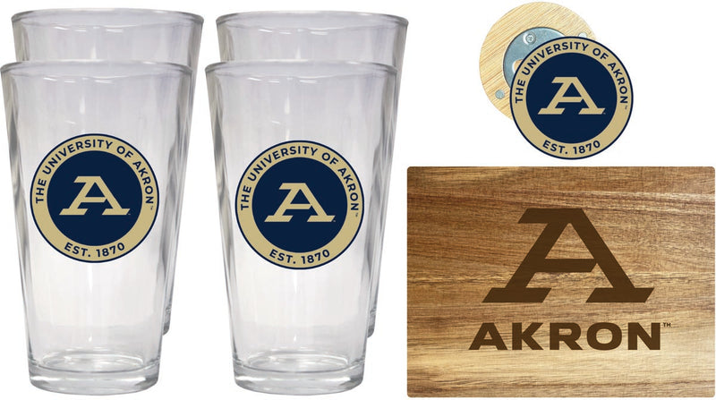 Akron Zips Officially Licensed Kitchen Gift Pack - Engraved Wood Cutting Board, 4 Pint Glasses & Magnetic Bottle Opener