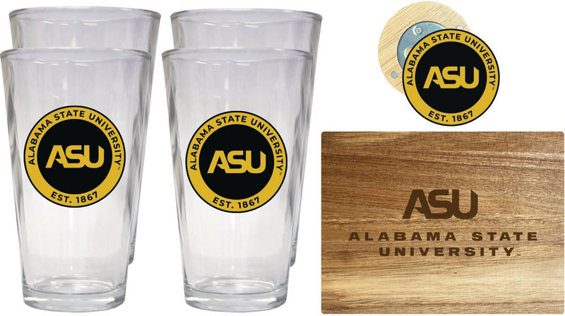 Alabama State University Officially Licensed Kitchen Gift Pack - Engraved Wood Cutting Board, 4 Pint Glasses & Magnetic Bottle Opener