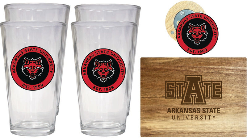 Arkansas State Officially Licensed Kitchen Gift Pack - Engraved Wood Cutting Board, 4 Pint Glasses & Magnetic Bottle Opener