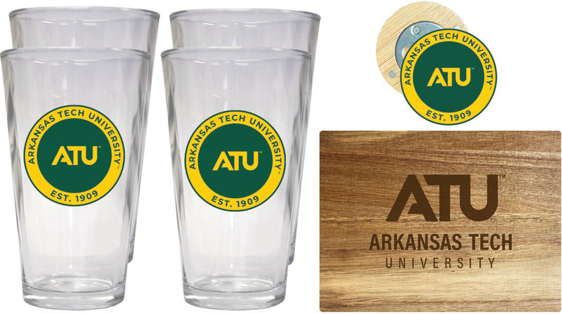 Arkansas Tech University Officially Licensed Kitchen Gift Pack - Engraved Wood Cutting Board, 4 Pint Glasses & Magnetic Bottle Opener
