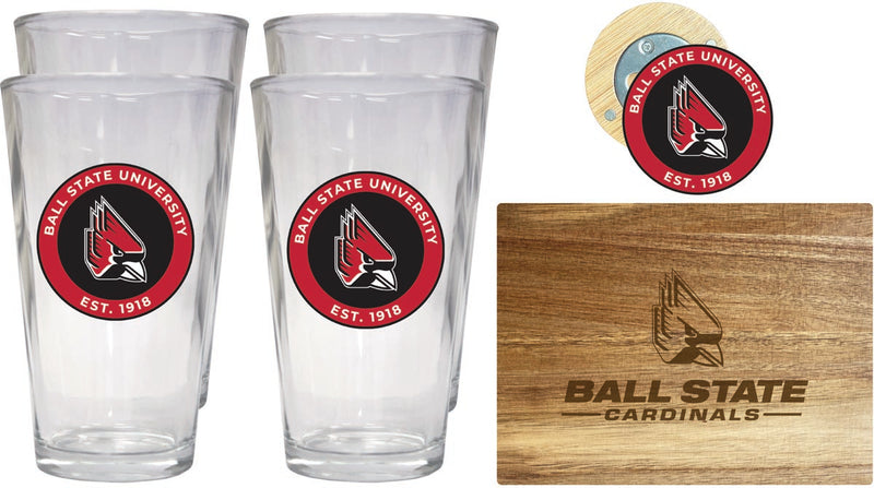 Ball State University Officially Licensed Kitchen Gift Pack - Engraved Wood Cutting Board, 4 Pint Glasses & Magnetic Bottle Opener
