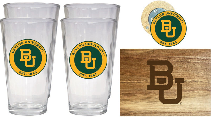 Baylor Bears Officially Licensed Kitchen Gift Pack - Engraved Wood Cutting Board, 4 Pint Glasses & Magnetic Bottle Opener
