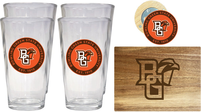 Bowling Green Falcons Officially Licensed Kitchen Gift Pack - Engraved Wood Cutting Board, 4 Pint Glasses & Magnetic Bottle Opener