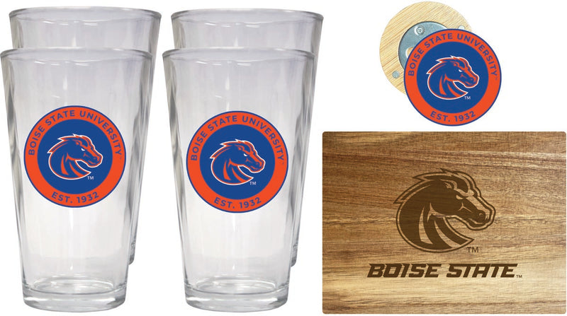 Boise State Broncos Officially Licensed Kitchen Gift Pack - Engraved Wood Cutting Board, 4 Pint Glasses & Magnetic Bottle Opener