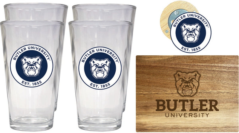 Butler Bulldogs Officially Licensed Kitchen Gift Pack - Engraved Wood Cutting Board, 4 Pint Glasses & Magnetic Bottle Opener