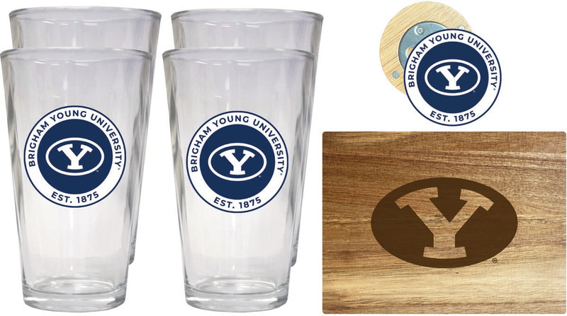 Brigham Young Cougars Officially Licensed Kitchen Gift Pack - Engraved Wood Cutting Board, 4 Pint Glasses & Magnetic Bottle Opener