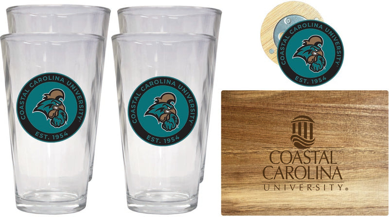 Coastal Carolina University Officially Licensed Kitchen Gift Pack - Engraved Wood Cutting Board, 4 Pint Glasses & Magnetic Bottle Opener