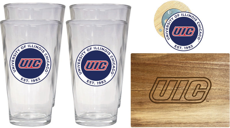 University of Illinois at Chicago Officially Licensed Kitchen Gift Pack - Engraved Wood Cutting Board, 4 Pint Glasses & Magnetic Bottle Opener