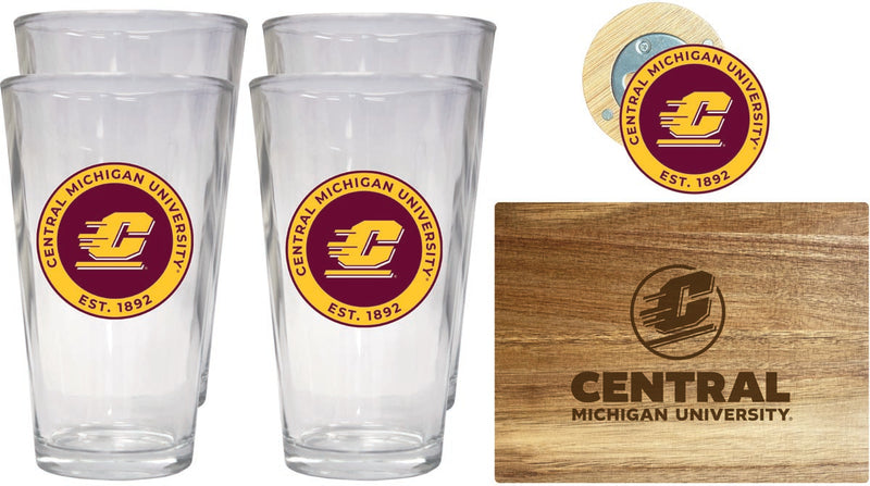 Central Michigan University Officially Licensed Kitchen Gift Pack - Engraved Wood Cutting Board, 4 Pint Glasses & Magnetic Bottle Opener
