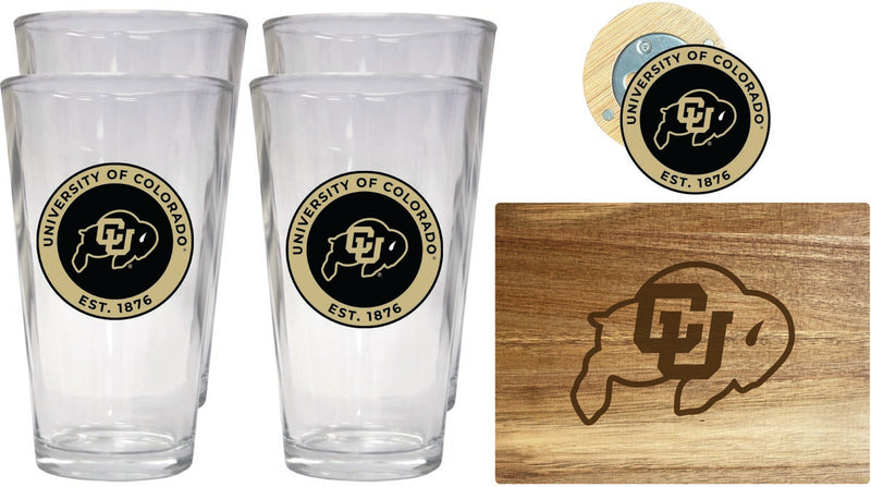 Colorado Buffaloes Officially Licensed Kitchen Gift Pack - Engraved Wood Cutting Board, 4 Pint Glasses & Magnetic Bottle Opener