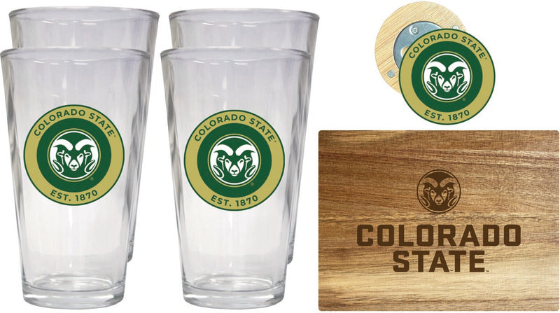 Colorado State Rams Officially Licensed Kitchen Gift Pack - Engraved Wood Cutting Board, 4 Pint Glasses & Magnetic Bottle Opener