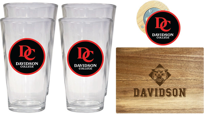 Davidson College Officially Licensed Kitchen Gift Pack - Engraved Wood Cutting Board, 4 Pint Glasses & Magnetic Bottle Opener