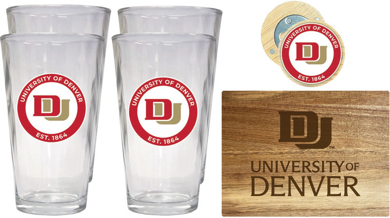 University of Denver Pioneers Officially Licensed Kitchen Gift Pack - Engraved Wood Cutting Board, 4 Pint Glasses & Magnetic Bottle Opener