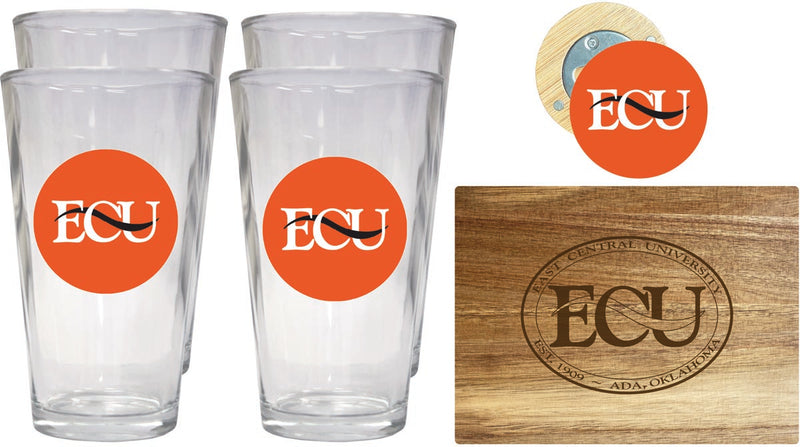 East Central University Tigers Officially Licensed Kitchen Gift Pack - Engraved Wood Cutting Board, 4 Pint Glasses & Magnetic Bottle Opener