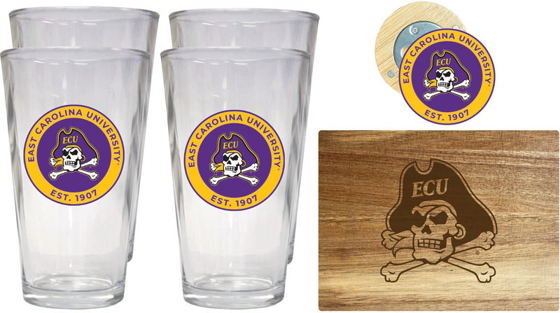 East Carolina Pirates Officially Licensed Kitchen Gift Pack - Engraved Wood Cutting Board, 4 Pint Glasses & Magnetic Bottle Opener