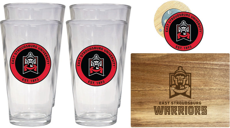 East Stroudsburg University Officially Licensed Kitchen Gift Pack - Engraved Wood Cutting Board, 4 Pint Glasses & Magnetic Bottle Opener