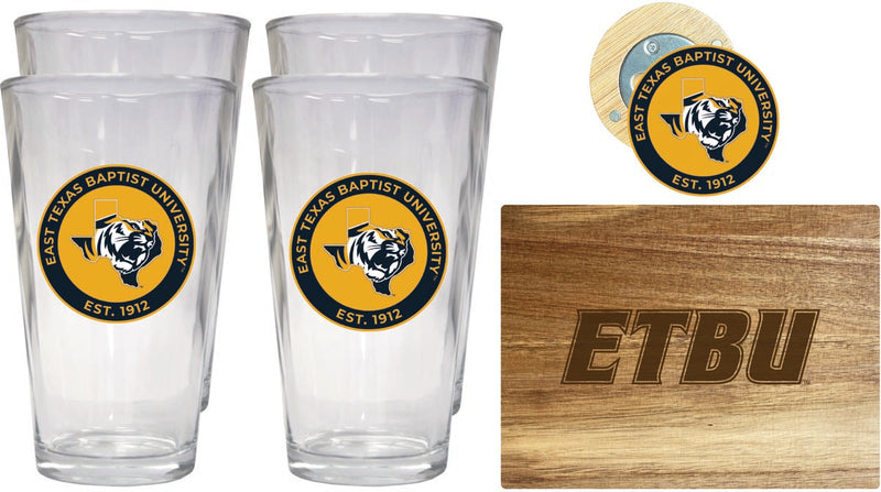 East Texas Baptist University Officially Licensed Kitchen Gift Pack - Engraved Wood Cutting Board, 4 Pint Glasses & Magnetic Bottle Opener