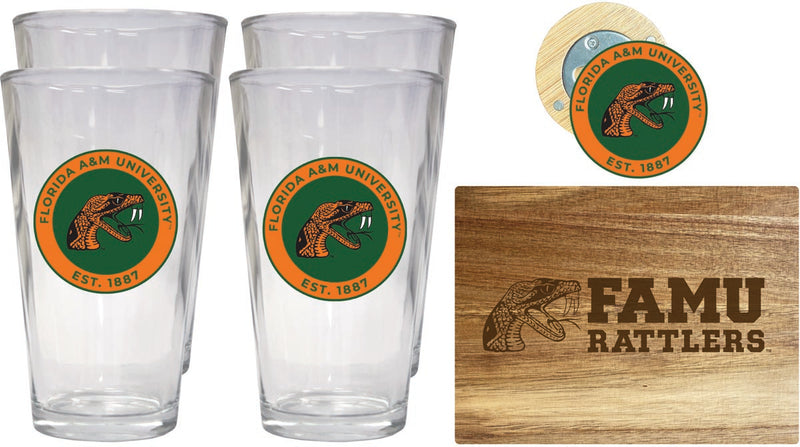 Florida A&M Rattlers Officially Licensed Kitchen Gift Pack - Engraved Wood Cutting Board, 4 Pint Glasses & Magnetic Bottle Opener