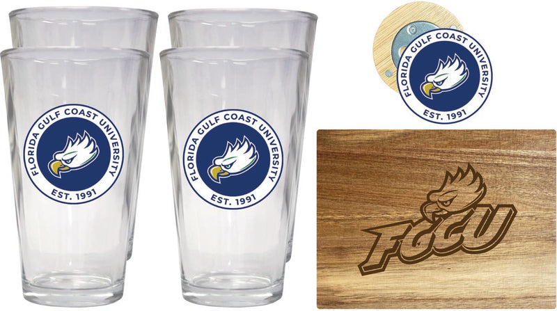 Florida Gulf Coast Eagles Officially Licensed Kitchen Gift Pack - Engraved Wood Cutting Board, 4 Pint Glasses & Magnetic Bottle Opener
