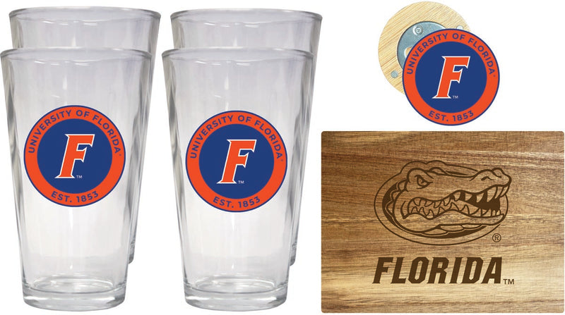 Florida Gators Officially Licensed Kitchen Gift Pack - Engraved Wood Cutting Board, 4 Pint Glasses & Magnetic Bottle Opener